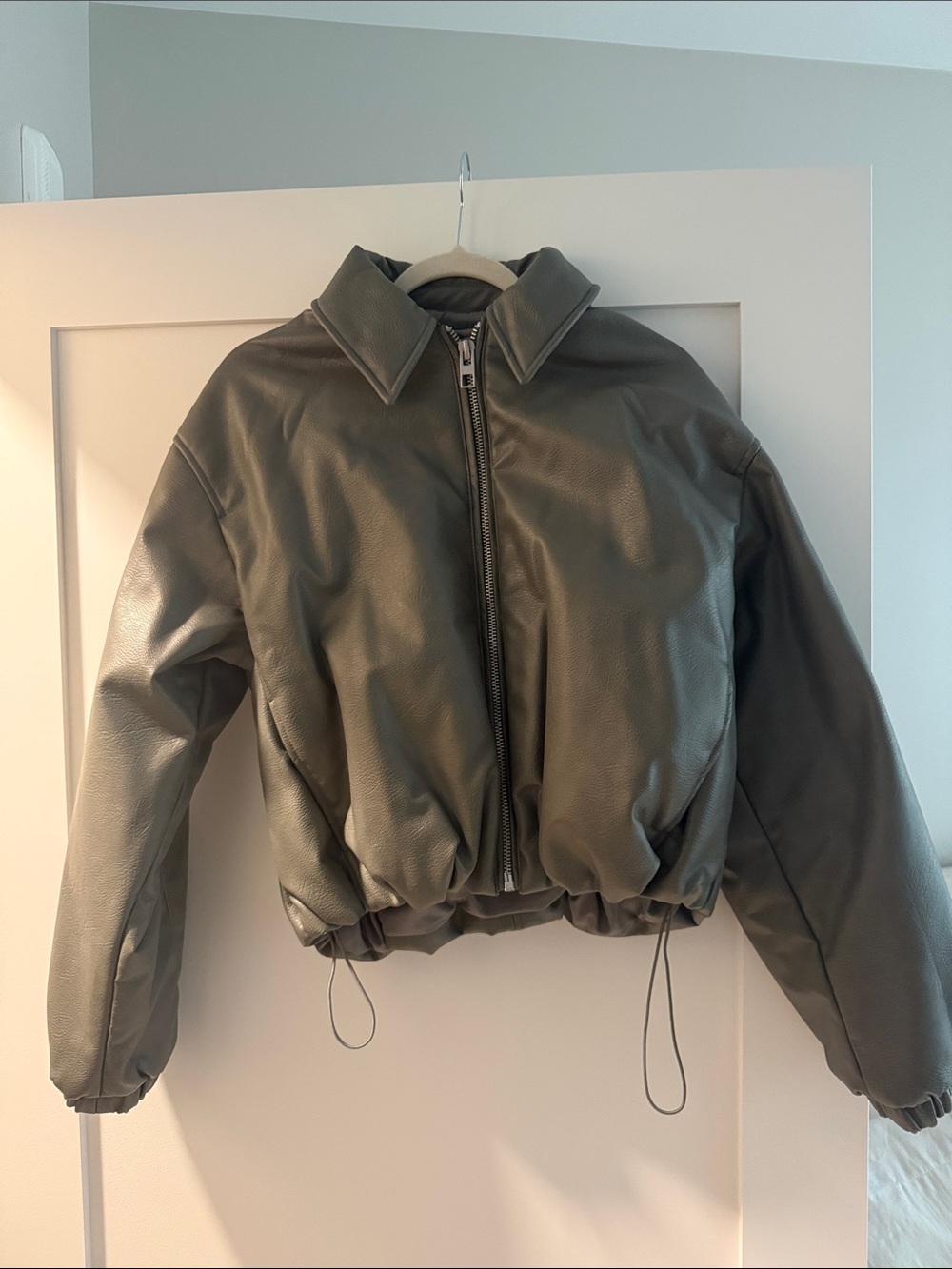 Zara Women's Olive Green Faux Leather Zip-Up Jacket